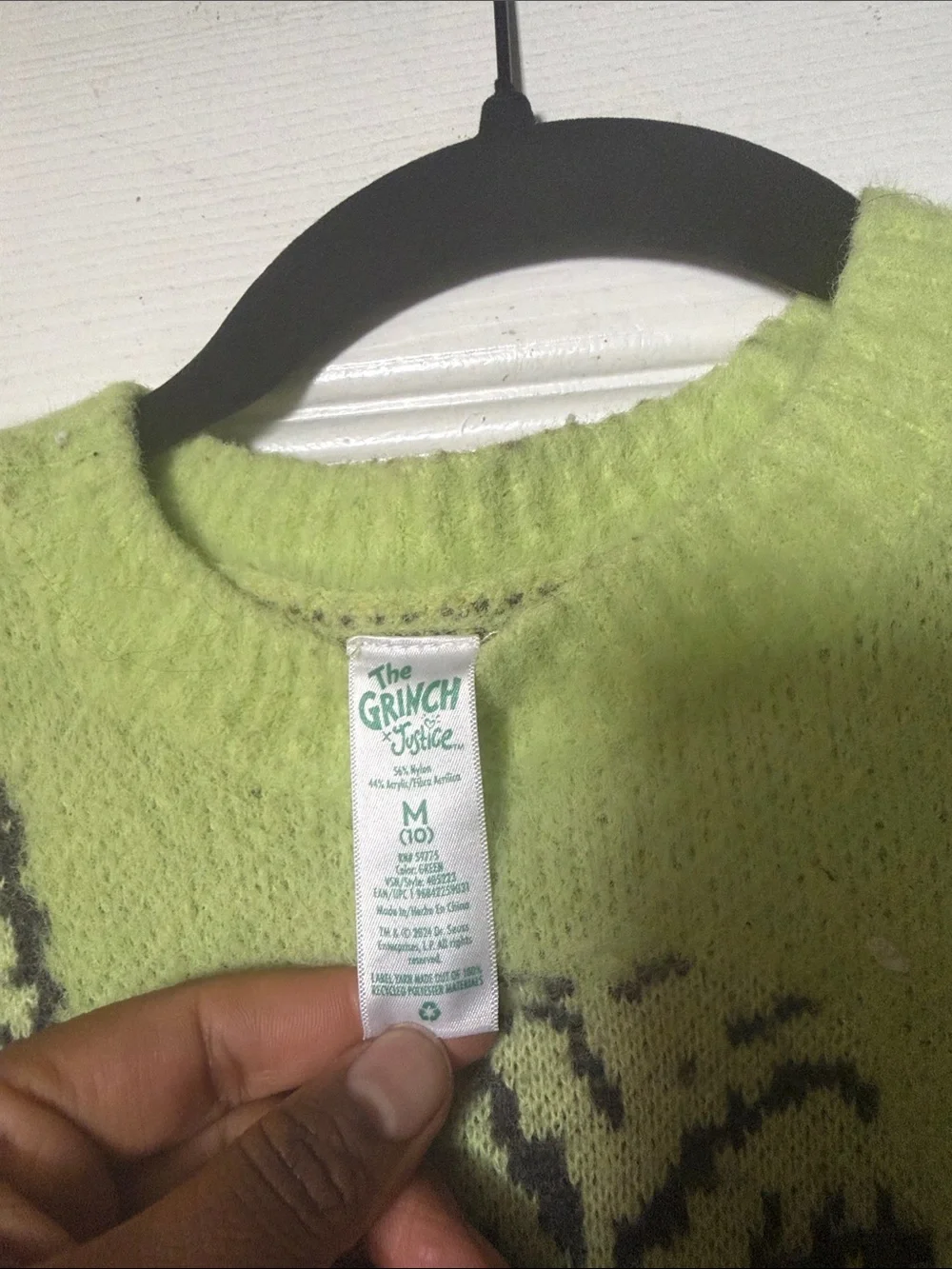 Justice Lime Green Grinch Face Knit Sweater with Yellow Eyes